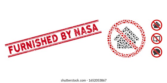 Corroded red stamp watermark with Furnished by NASA phrase inside double parallel lines, and mosaic no housing icon. Mosaic vector is designed with no housing icon and with random elliptic spots.