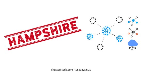 Corroded red stamp watermark with Hampshire caption inside double parallel lines, and collage virtual links icon. Mosaic vector is created with virtual links icon and with random elliptic spots.