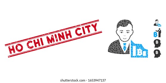 Corroded red stamp watermark with Ho Chi Minh City caption inside double parallel lines, and mosaic Bitcoin trader icon.