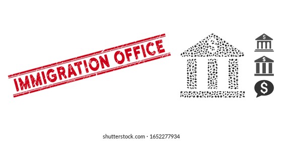 Corroded red stamp watermark with Immigration Office caption inside double parallel lines, and mosaic bank building icon.