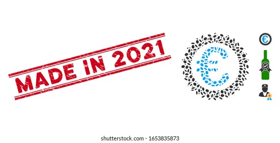 Corroded red stamp watermark with Made in 2021 caption inside double parallel lines, and mosaic Euro reward stamp icon.