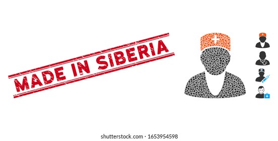 Corroded red stamp watermark with Made in Siberia phrase between double parallel lines, and mosaic doctor icon. Mosaic vector is composed with doctor icon and with random ellipse items.