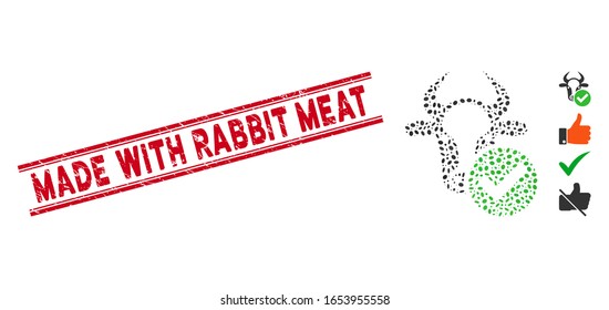 Corroded red stamp watermark with Made with Rabbit Meat phrase inside double parallel lines, and mosaic cow valid icon. Mosaic vector is composed with cow valid icon and with scattered elliptic spots.