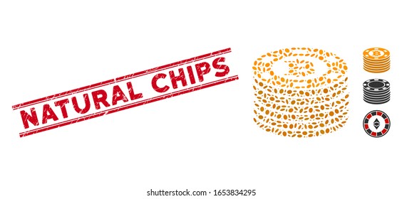 Corroded red stamp watermark with Natural Chips text inside double parallel lines, and mosaic Bitcoin casino chips icon.