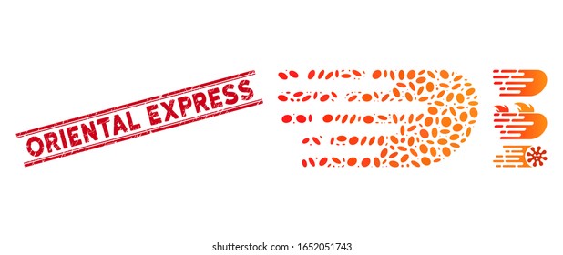 Corroded red stamp watermark with Oriental Express text between double parallel lines, and mosaic rush bolide icon. Mosaic vector is composed with rush bolide icon and with scattered elliptic items.