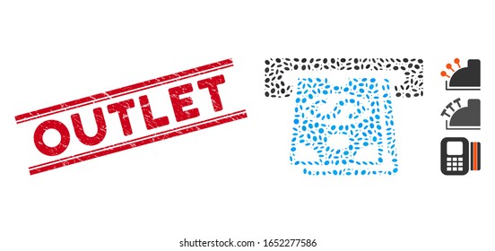 Corroded red stamp watermark with Outlet phrase between double parallel lines, and mosaic cash machine icon. Mosaic vector is created with cash machine pictogram and with random ellipse elements.