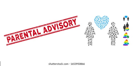 Corroded red stamp watermark with Parental Advisory phrase inside double parallel lines, and mosaic lesbi love pair icon.