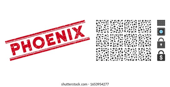 Corroded red stamp watermark with Phoenix phrase inside double parallel lines, and mosaic lockers icon. Mosaic vector is formed with lockers icon and with randomized elliptic elements.