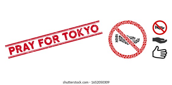 Marca de agua roja con la leyenda Rezar por Tokio dentro de líneas paralelas dobles, y mosaico sin icono de la mano de petición.