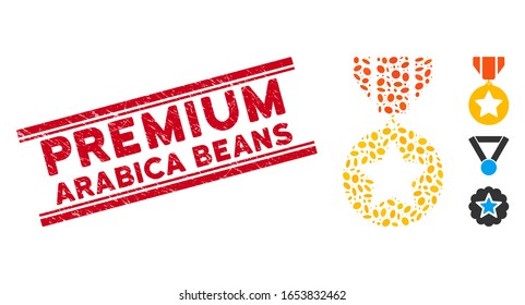 Corroded red stamp watermark with Premium Arabica Beans phrase between double parallel lines, and mosaic medal icon. Mosaic vector is formed from medal icon and with random oval spots.