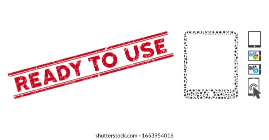 Corroded red stamp watermark with Ready to Use caption inside double parallel lines, and mosaic mobile tablet icon. Mosaic vector is created with mobile tablet icon and with random oval elements.