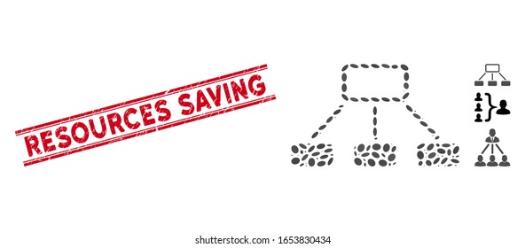 Corroded red stamp watermark with Resources Saving phrase inside double parallel lines, and mosaic hierarchy icon. Mosaic vector is created with hierarchy icon and with scattered ellipse elements.