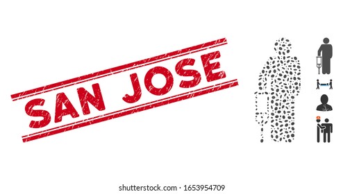 Corroded red stamp watermark with San Jose text between double parallel lines, and mosaic patient crutch icon. Mosaic vector is created with patient crutch icon and with randomized oval items.