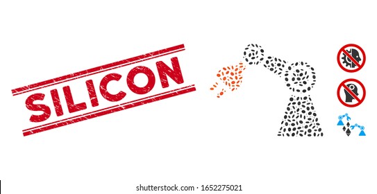 Corroded red stamp watermark with Silicon phrase inside double parallel lines, and mosaic industrial robot icon. Mosaic vector is created with industrial robot icon and with scattered oval elements.