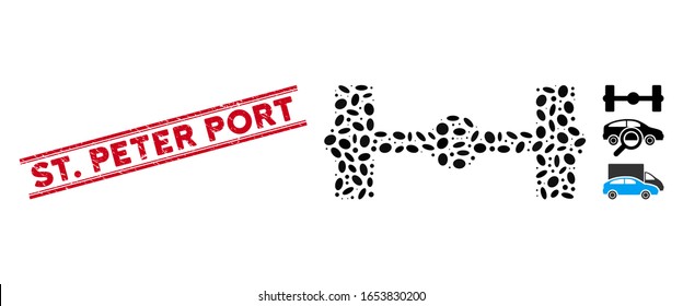 Korrodiertes rotes Stempelwasserzeichen mit dem Phrase St. Peter Port in doppelten parallelen Linien und dem Mosaikachensymbol. Mosaike Vektorillustration wird mit Achssymbol und mit zufälligen ovalen Elementen gebildet. St.