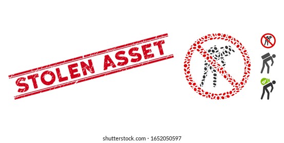 Corroded red stamp watermark with Stolen Asset phrase inside double parallel lines, and mosaic no porter icon. Mosaic vector is created with no porter icon and with scattered oval items.