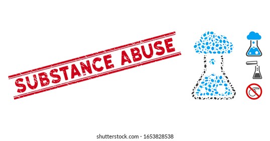 Corroded red stamp watermark with Substance Abuse text between double parallel lines, and mosaic smog flask icon. Mosaic vector is designed with smog flask icon and with random elliptic items.