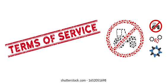Corroded red stamp watermark with Terms of Service phrase between double parallel lines, and mosaic no wheel tractor icon.