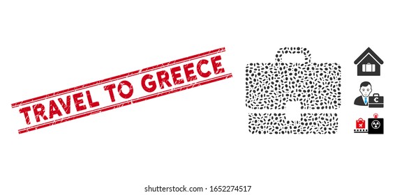 Corroded red stamp watermark with Travel to Greece phrase inside double parallel lines, and mosaic case icon. Mosaic vector is composed with case icon and with randomized elliptic items.