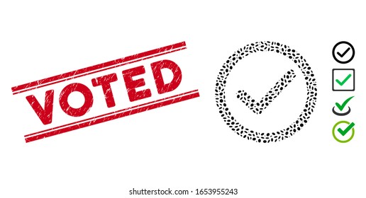 Marca de agua de sello rojo con texto votado dentro de líneas paralelas dobles y icono de opción de mosaico OK. El vector mosaico está diseñado con el icono de opción OK y con elementos elípticos aleatorizados.