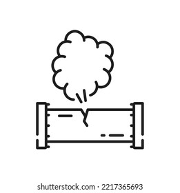 Corrosion rusty through valve tube steam gas leak pipeline isolated outline icon. Vector pressure and leakage in factory piping system, engineering failure, plumbing maintenance and repair