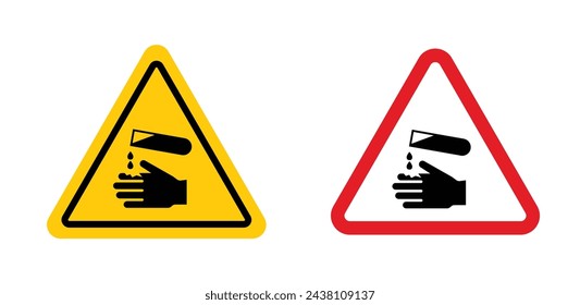 Corrosive acid safety sign. danger corrosion chemical warning symbol. chemistry hydrochloric acid liquid beware sign. harmful boiling hot water pictogram. acid hand contact warning sign.