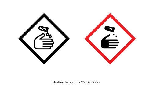 Corrosive acid safety signs vectors set in black. line and flat versions