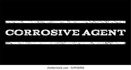 Corrosive Agent watermark stamp. Text caption between horizontal parallel lines with grunge design style. Rubber seal stamp with dirty texture. Vector white color ink imprint on a black background.
