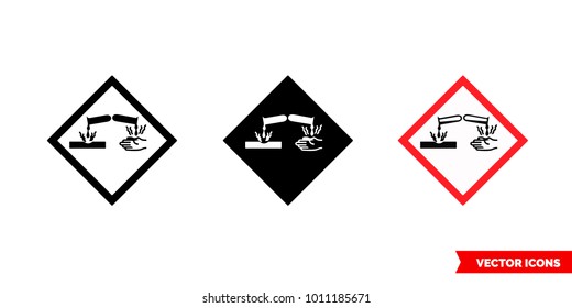 Corrosive Hazard Icon Of 3 Types: Color, Black And White, Outline. Isolated Vector Sign Symbol.