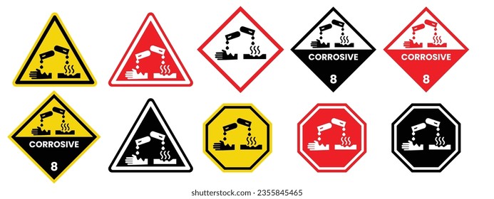 Corrosive Icon. Industry chemical acid corrosion safety instruction symbol. Vector set of danger sign for caution warning. Flat outline of industrial hazardous toxic liquid substance. skin Risk Logo 