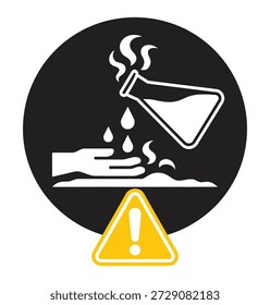 Corrosive liquid hazard warning symbol showing a flask pouring drips onto a hand and an exclamation mark caution sign below