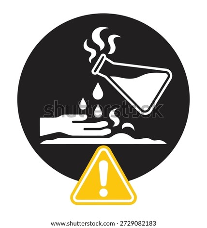 Corrosive liquid hazard warning symbol showing a flask pouring drips onto a hand and an exclamation mark caution sign below