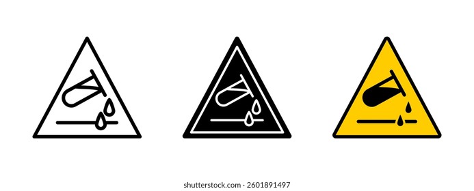 Corrosive substance icon. Chemical hazard warning vector illustration. Acid spill safety sign for laboratory, industrial caution and toxic material handling.