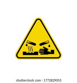 Corrosive Substance Sign Isolated On White Background. Yellow Triangle Warning Symbol Simple, Flat, Vector, Icon You Can Use Your Website Design, Mobile App Or Industrial Design. Vector Illustration