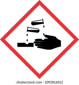 Corrosive symbol .Diamond shape red border and white background. Safety signs and symbols.