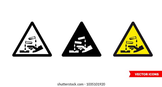 Corrosive symbol warning icon of 3 types: color, black and white, outline. Isolated vector sign symbol.