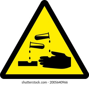 Corrosive warning sign. Black on yellow triangle background. Hazardous safety signs and symbols.