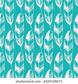 Corrugated aquamarine seamless vector pattern with bird feather 