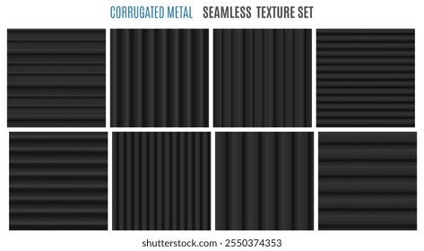 Conjunto de textura de metal preto ondulado. Coleta perfeita. Chapas metálicas com nervuras, painéis de ferro ideais para contêineres, telhados e cercas. Ilustração vetorial isolada em um fundo branco.