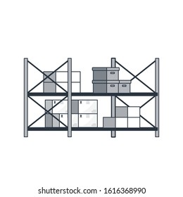 Corrugated box on the steel rack in warehouse 2D flat vector set