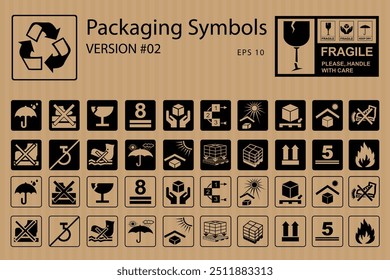 Embalaje de caja corrugada y conjunto de símbolos de advertencia, íconos de carga frágiles, paraguas de señales de advertencia de paquete frágil, caja en manos, vidrio, caja lateral, envío de logística Vector de etiquetas especiales