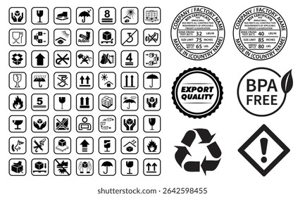 Corrugated Box Packaging warning symbols set, fragile, fragile package warning signs, box in hands, glass, side up box, logistics delivery vector, bursting test certificate, BPA Free