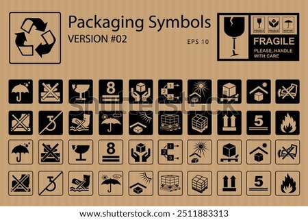 Corrugated Box Packaging and warning symbols set, fragile cargo icons, fragile package warning signs umbrella, box in hands, glass, side up box, logistics delivery shipping special labels  vector