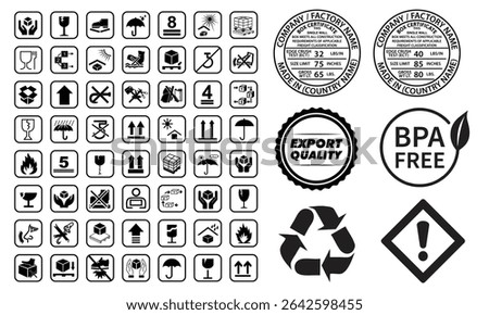 Corrugated Box Packaging warning symbols set, fragile, fragile package warning signs, box in hands, glass, side up box, logistics delivery vector, bursting test certificate, BPA Free