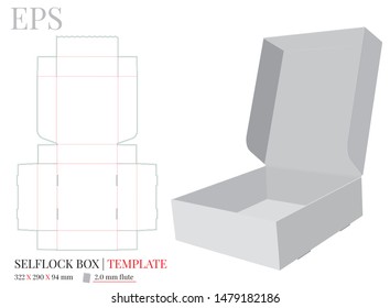 Corrugated Box template, vector with die cut / laser cut lines. Self lock box, cut and fold packaging design. White, clear, blank, isolated open corrugated box mock up on white background