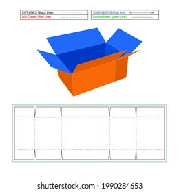 Corrugated cardboard folding box, FEFCO230 carton box with dieline tamplate and 3d vectoe render, resizeable box and corrugated shipping box