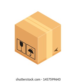 Corrugated closed box. Isometric cardboard packaging icon. Vector illustration isolated on white background. Concept for cargo shipping.