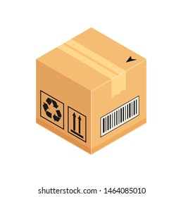Corrugated closed box. Isometric cardboard packaging icon. Vector illustration isolated on white background. Concept for cargo shipping.