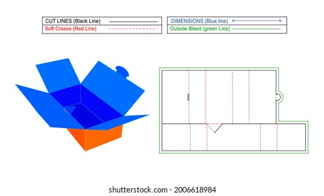 Corrugated foldable box without glue use,  Die line template and 3D render editable and resizable vector file