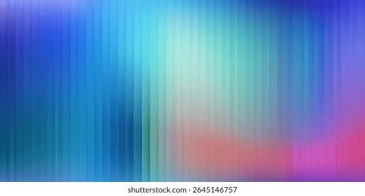 Corrugated iridescent glass background with gradient ribbed abstract design and blue pattern. Color effect with neon line blur and metal light. Vector texture with prism glow.